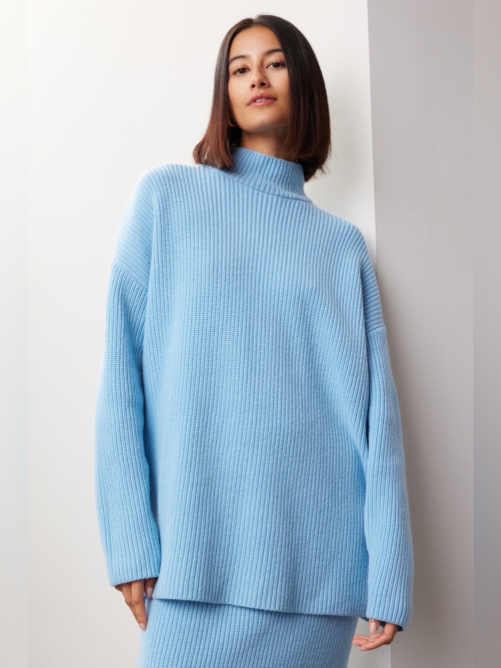 Suboo $229 Wool Isla Oversized Mock Turtle Neck Heavy Knit Sweater Light Blue S